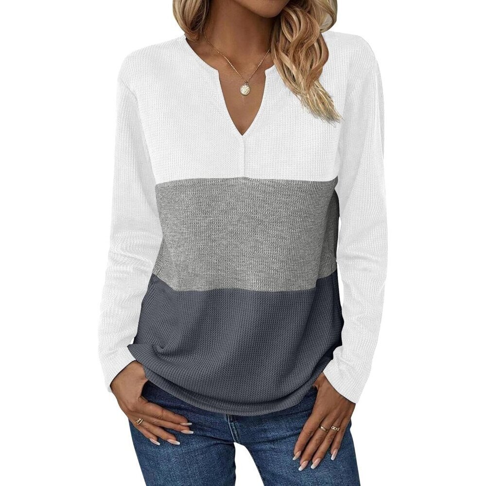 Women's Long Sleeve V Neck Waffle Shirt Color Block Casual Tunic Top